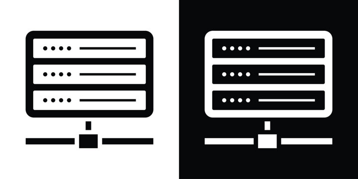 Database server stack connected to a network node vector icon isolated on black and white background. Minimalist web hosting and data infrastructure.