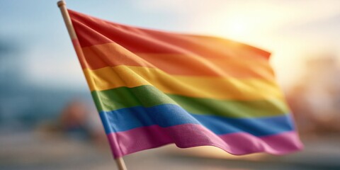 Obraz premium Vibrant Rainbow Pride Flag Waving Proudly Against a Golden Sunset Sky