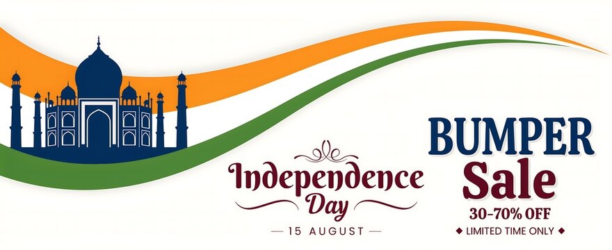 Bumper sale banner for Indian independence day celebration with taj mahal silhouette and tricolor wave graphic including limited time offer thirty to seventy percent discount text.