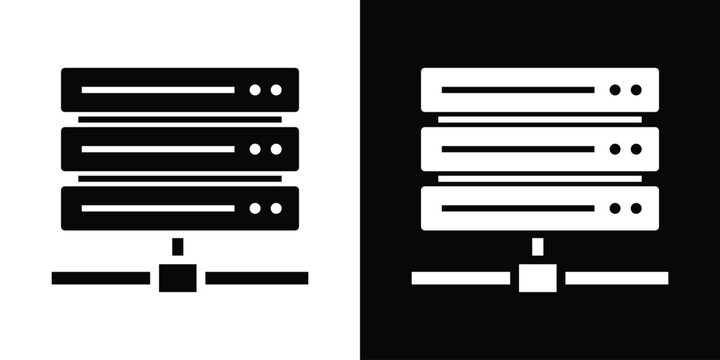 Database server stack connected to a network node vector icon isolated on black and white background. Minimalist web hosting and data infrastructure.