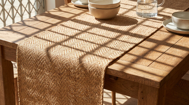 Woven raffia table runner on wooden dining table with sunlight grid shadows and ceramic tableware for product display background