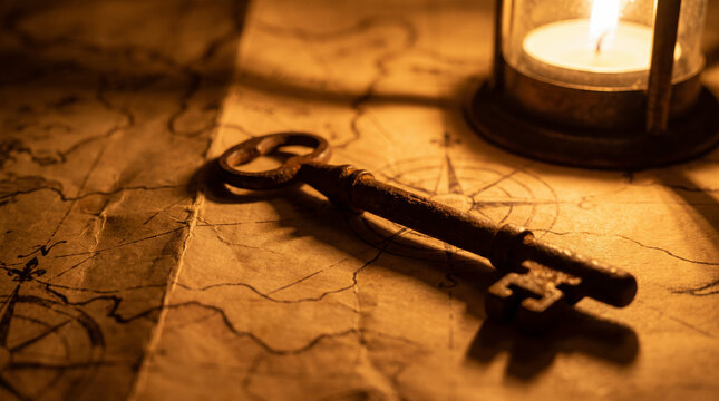 Vintage rusty iron key lying on ancient treasure map illuminated by warm candlelight in dark room
