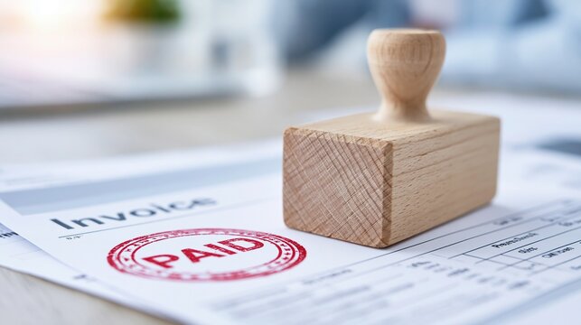 Close-up of a red 'PAID' stamp on an invoice document with a wooden stamp, symbolizing financial completion and payment approval.