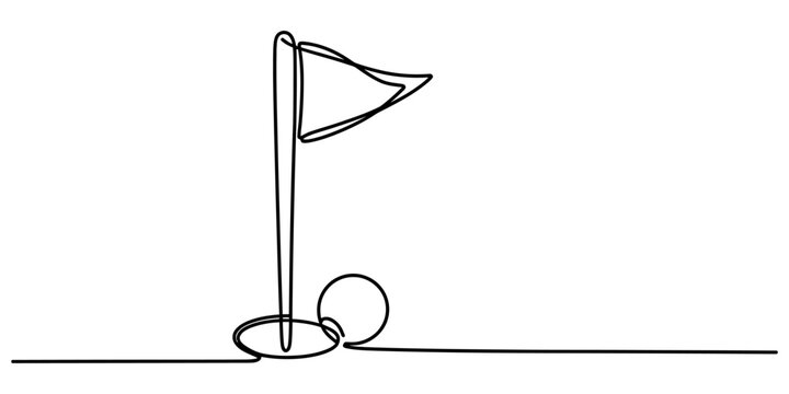 Continuous single line drawing of a golf ball and a flag in the hole on a golf course