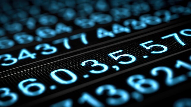 Close-up of glowing blue digital numbers and decimals on a black textured screen displaying data or financial information.