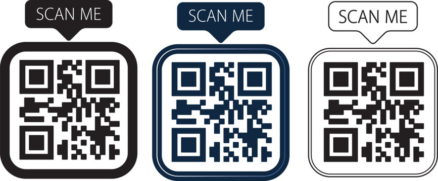 modern QR code icon template with "Scan Me" speech bubble call-to-action banner, for marketing materials, business cards, digital menus, and smart connectivity concepts, vector illustration
