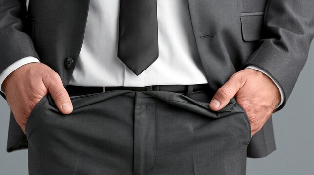 Business professional showing empty pockets, symbolizing financial hardship, debt, or no money concepts