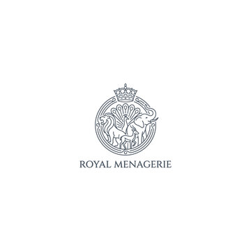 Royal Menagerie Line Art Logo with Elephant Lion and Crown