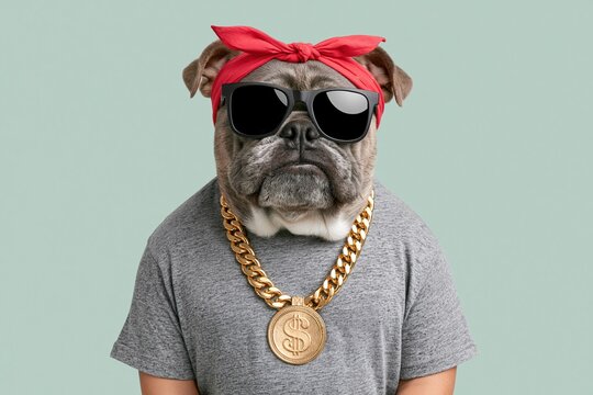 Bulldog Wearing Sunglasses and Gold Chain, Dressed as a Rapper with Red Bandana