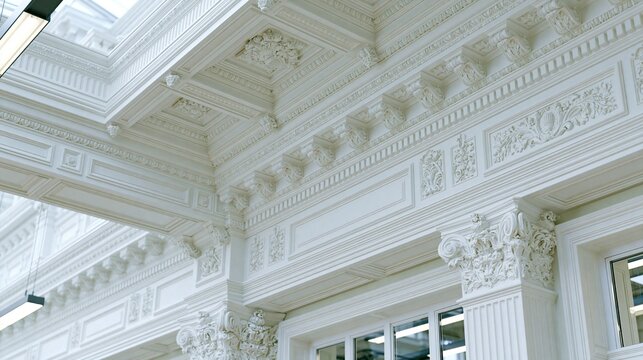 Intricate white architectural plasterwork detailing ornate ceiling and cornice in a historic building interior