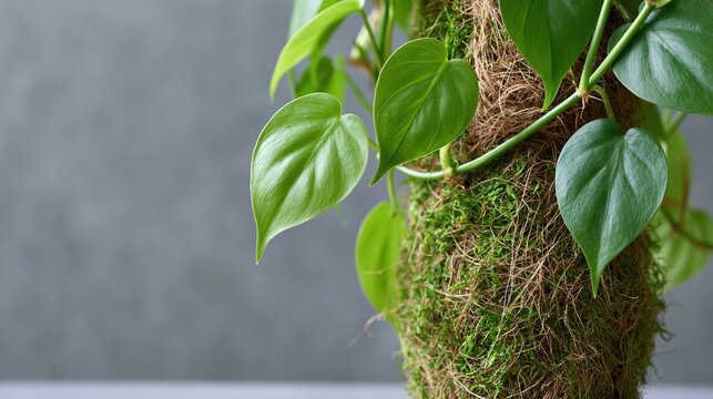 Close-up of a vibrant green heart-shaped leaf of a philodendron plant growing on a moss pole against a neutral background