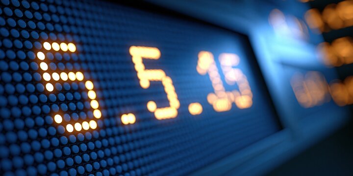 Close-up of a digital LED display showing financial data and stock market numbers glowing orange on a dark blue background