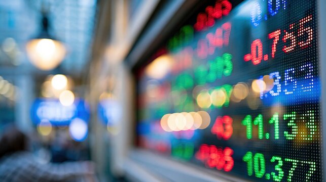 Blurred stock market ticker display with fluctuating red and green numbers in a modern financial setting