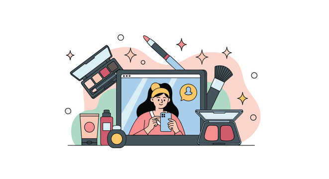 Beauty blogger recording makeup tutorial video shown on laptop screen surrounded by cosmetic products and brushes.