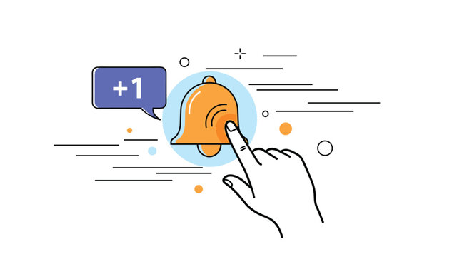Human hand clicking on orange notification bell icon to subscribe and receive new online messages and updates.