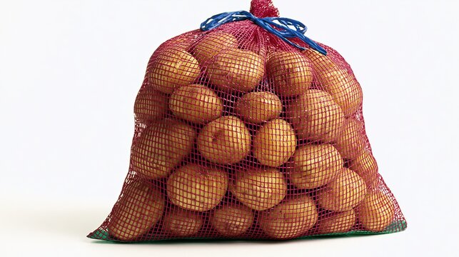 Bag of Fresh Golden Potatoes Ready for Cooking or Retail Sale on White Background