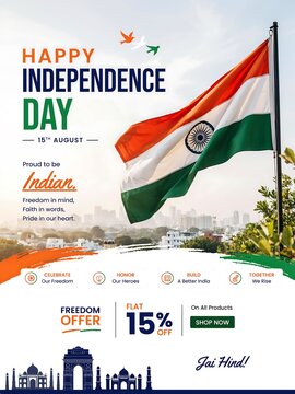 India independence day patriotic flyer featuring national flag with city skyline and landmarks for freedom offer promotional banner and 15th august holiday celebration advertising.