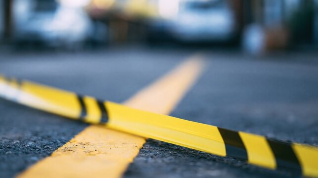 Hazard tape crossing a painted line on asphalt, marking caution or restricted area.