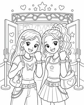 Fun and nostalgic coloring page featuring stylish teen girls at a y2k concert celebrating friendship and retro fashion