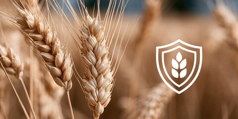 Obraz premium Close-up of Golden Wheat Stalks with a Protective Shield Icon Symbolizing Crop Security and Agricultural Innovation