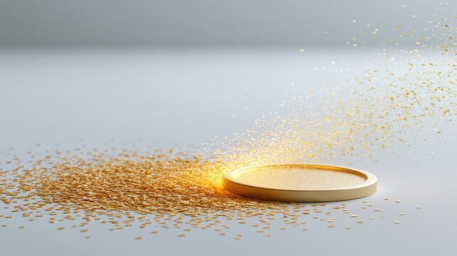 Golden coin resting on a surface with shimmering golden particles floating upwards against a soft grey background