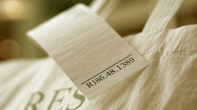 Close-up view of a textured paper tag with alphanumeric code attached to beige fabric surface, soft focus background.
