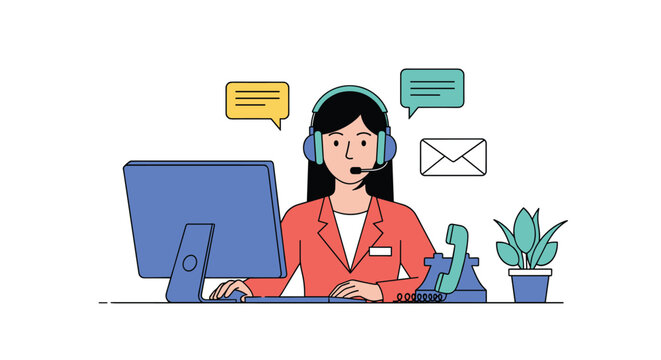 Friendly female customer support representative assisting clients via headset and computer in an office environment.