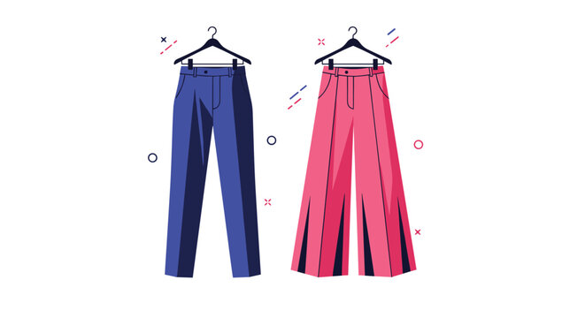 Stylish blue classic office trousers and pink wide-leg casual pants displayed neatly on wooden clothing hangers.