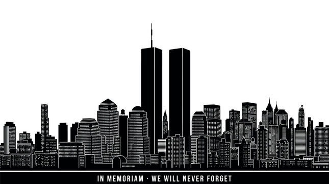 Minimalist New York City skyline silhouette with Twin Towers, In Memoriam We Will Never Forget tribute vector, black and white urban cityscape illustration for memorial day and history.