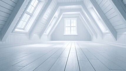 Fototapeta premium Empty white wooden attic room with slanted ceiling and multiple windows letting in bright natural light