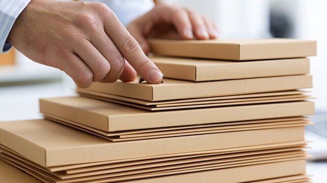 Hand organizing a stack of brown cardboard envelopes and parcels on a desk, business mail and shipping