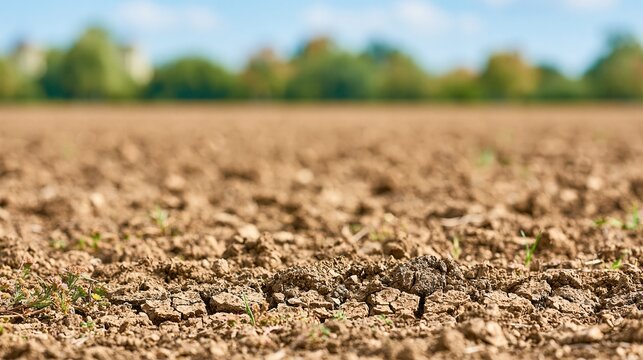 Cracked Dry Earth Surface in Agricultural Field Under Sunny Sky, Symbolizing Drought and Arid Conditions