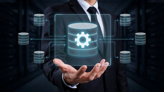 A businessman is holding a holographic display of a database system with a gear icon, representing data management and technology
