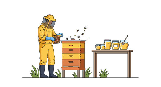 Professional beekeeper in yellow protective suit inspecting honeycomb near sweet organic honey jars in apiary yard.