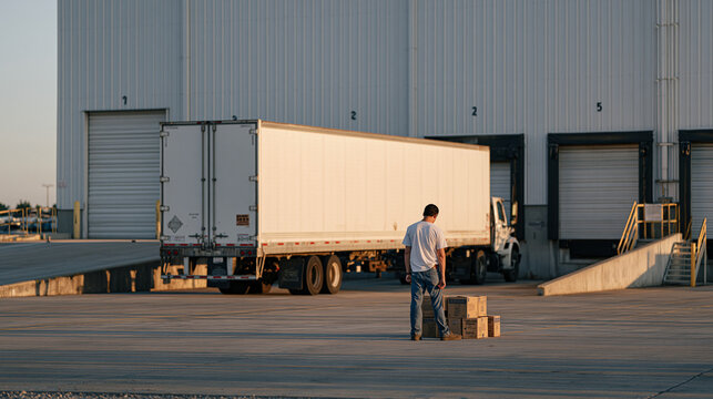 A delivery driver performing gentle hamstring stretches beside an industrial loading dock at dawn, steel roller doors and concrete ramps surrounding the solitary work vehicle,