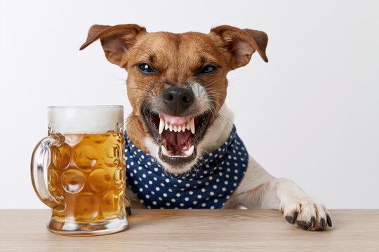 Drunk dog with beer. Drunk dog holding a beer mug 