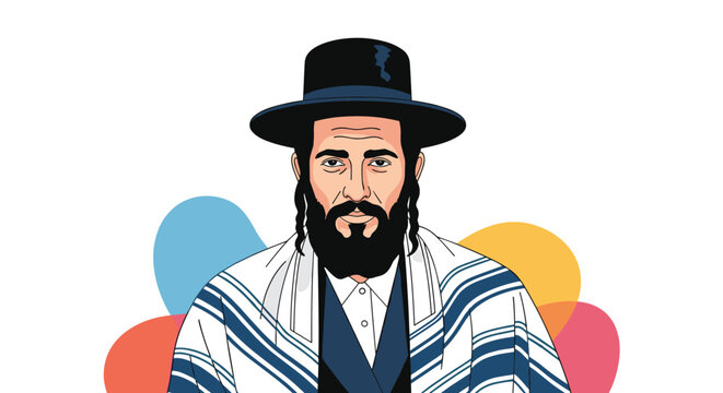 Traditional portrait of an orthodox Jewish man with a black beard and hat wearing a striped white and blue tallit prayer shawl.