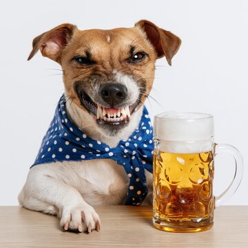 Drunk dog with beer. Drunk dog holding a beer mug 