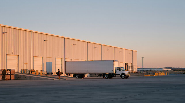 A delivery driver performing gentle hamstring stretches beside an industrial loading dock at dawn, steel roller doors and concrete ramps surrounding the solitary work vehicle,