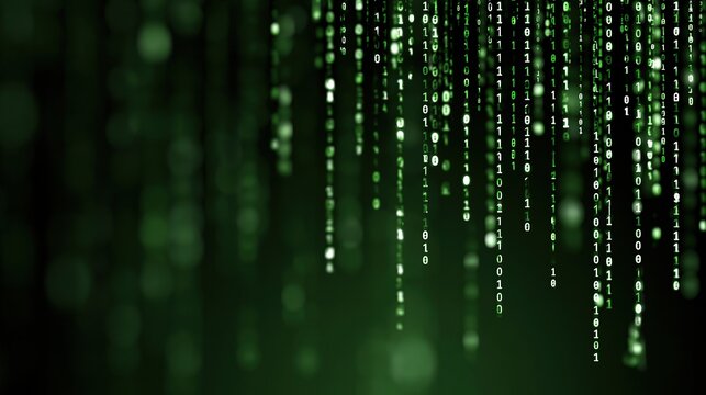 Falling green binary code digits on dark background creating futuristic digital atmosphere