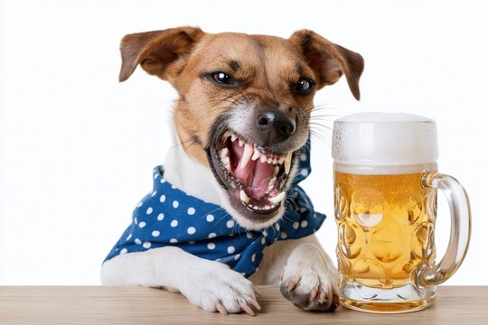 Drunk dog with beer. Drunk dog holding a beer mug 