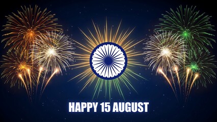 Obraz premium A festive image for happy 15 august independence day, featuring a glowing ashoka chakra surrounded by colorful fireworks on a starry night sky.