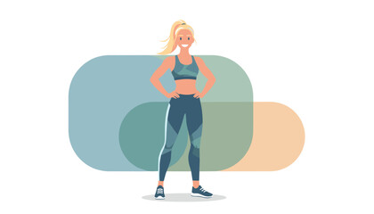 Fototapeta premium Confident young athletic blonde woman in blue activewear posing with hands on hips on an abstract background.