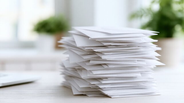 Pile of White Envelopes Stacked on a Desk with Plants in the Background