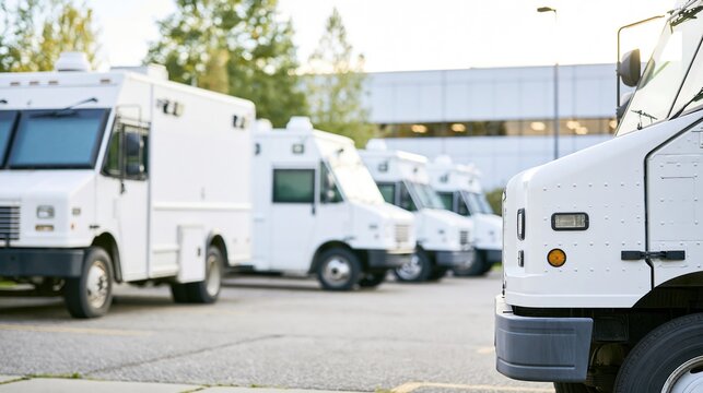 Fleet of white armored transport vehicles parked in a row outside a secure building