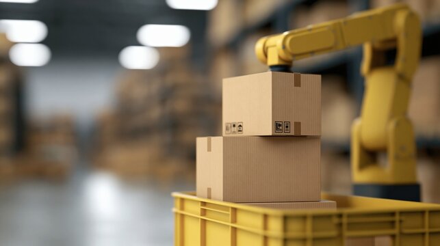 Automated Robotic Arm Placing Cardboard Boxes onto Pallet in Modern Warehouse Logistics