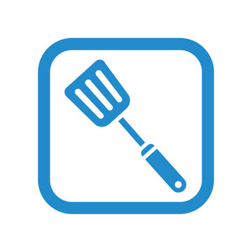 Blue spatula icon inside a rounded square frame represents cooking, kitchen utensils, and culinary activities in a simple graphic design.