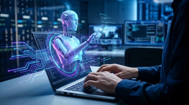 Futuristic humanoid robot emerges from laptop screen while pointing at glowing blue digital code in a high tech dark room