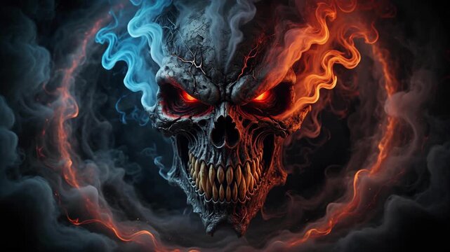 Fierce demon skull engulfed in swirling blue and orange smoke