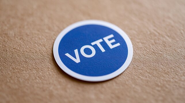 Close-up of a circular blue and white 'Vote' sticker placed on a textured brown background, symbolizing democratic participation